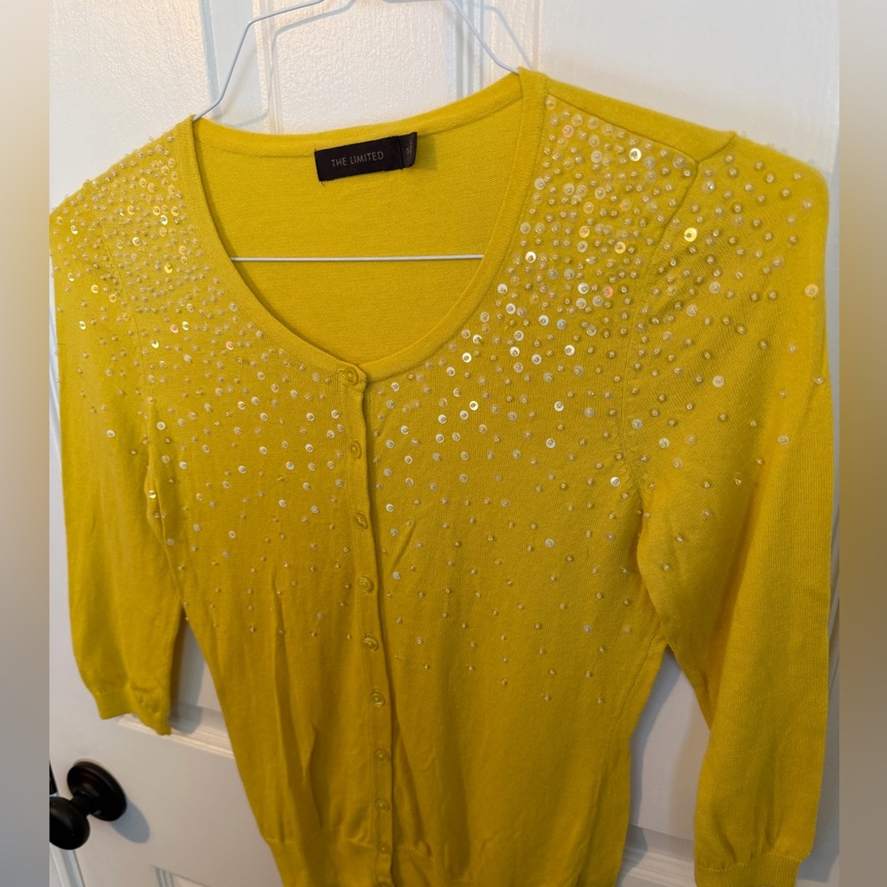 The Limited Yellow Sequin Beaded Sweater Cardigan Small - Picture 2 of 5